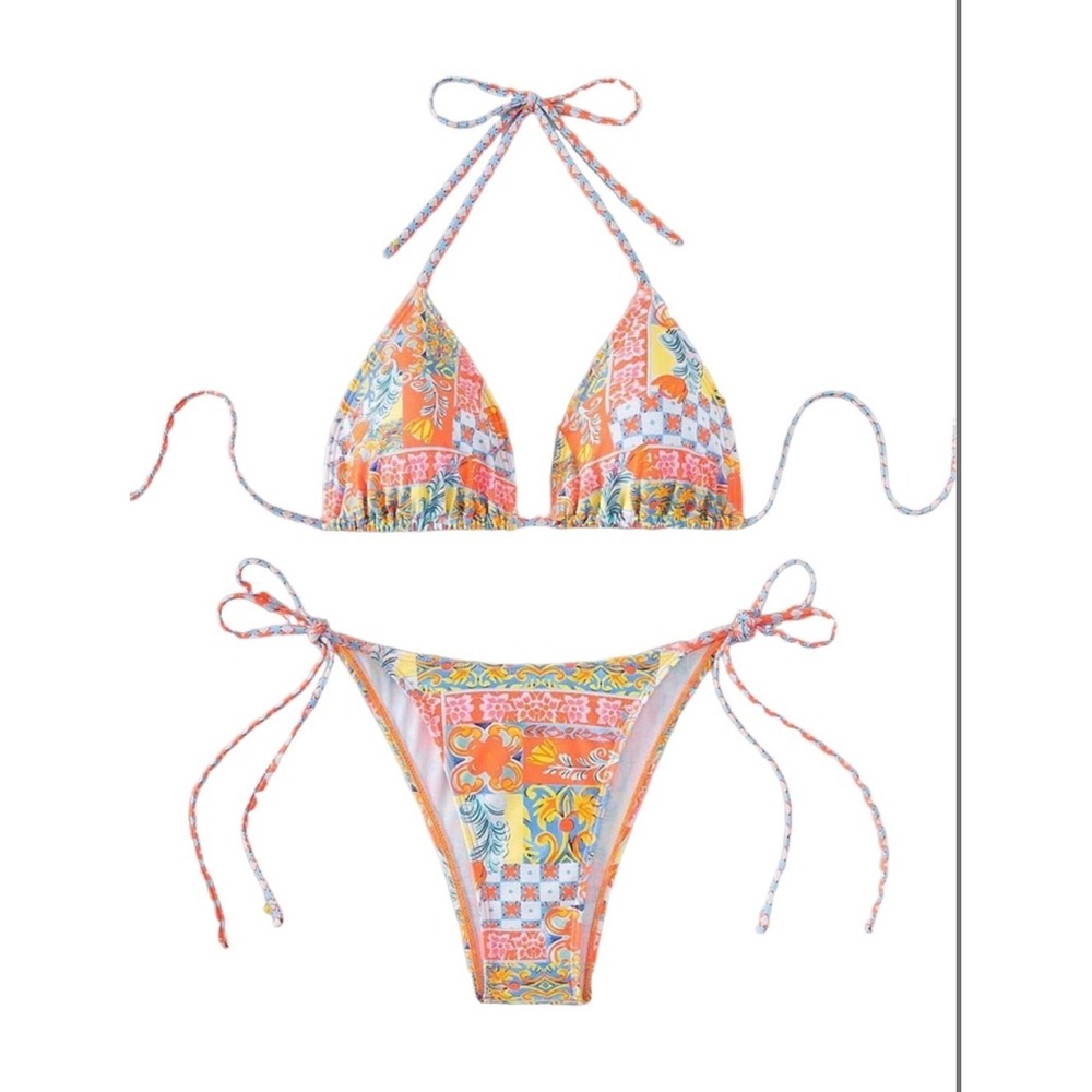 Zaful Tribal Orange Patchwork Triangle Halter Side Tie Bikini Set Medium